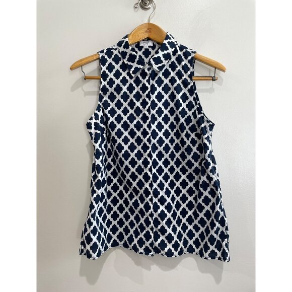Crown & Ivy Sleeveless Button Up Shirt Womens M Navy Print 100% Cotton - Picture 1 of 6